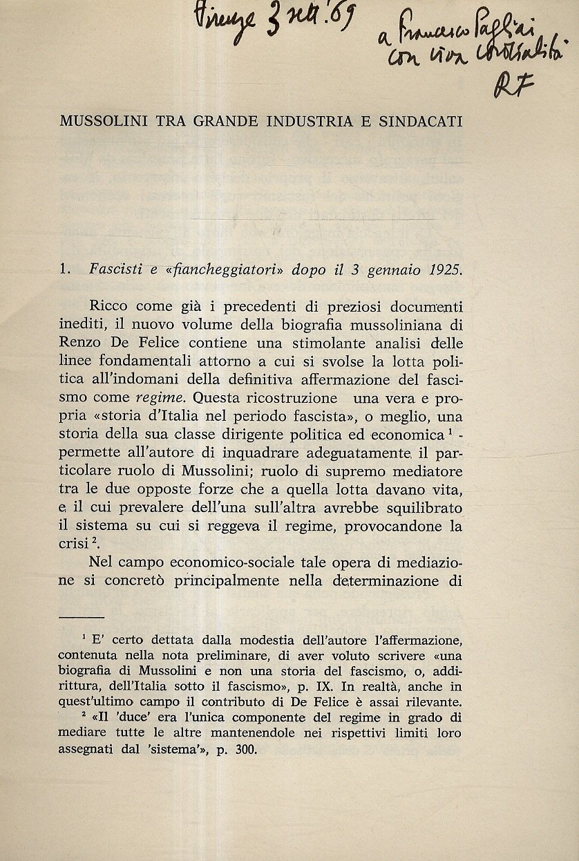 Mussolini tra grande industria e sindacati. Estratto da Quaderni Storici …