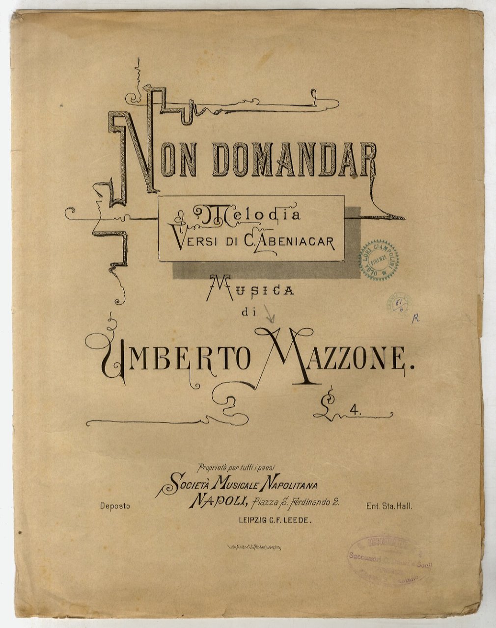 Non domandar. Melodia. Versi di C. Abeniacar. Musica di Umberto …
