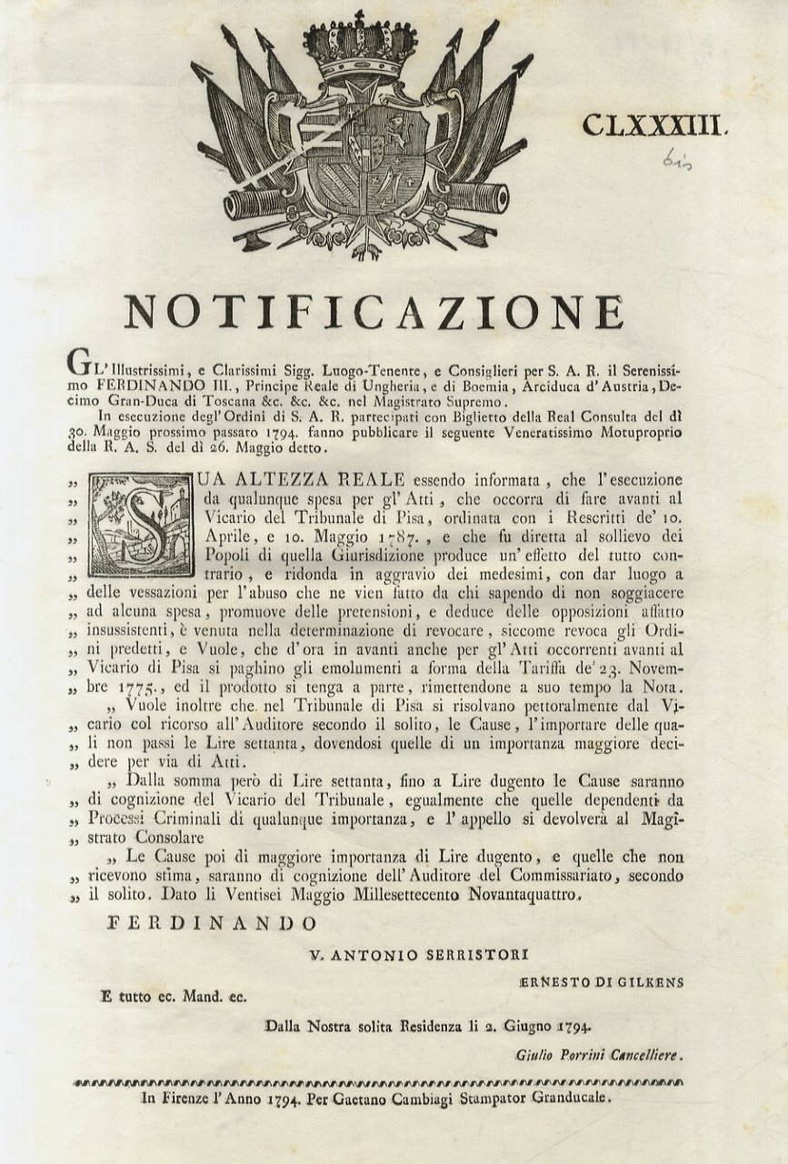 “Notificazione”. Ferdinando III. Principe Reale di Ungheria, e di Boemia, …