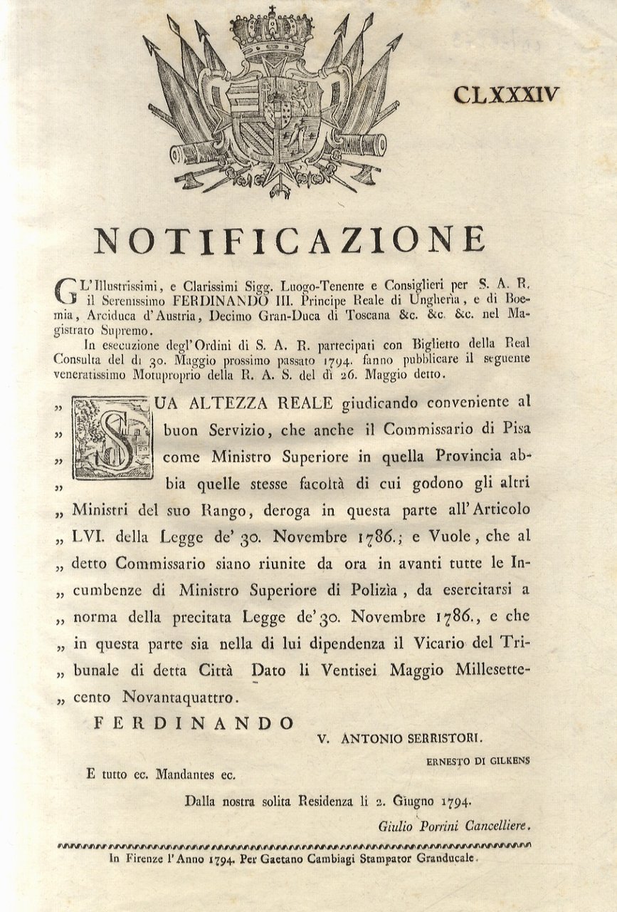 “Notificazione”. Ferdinando III. Principe Reale di Ungheria, e di Boemia, …