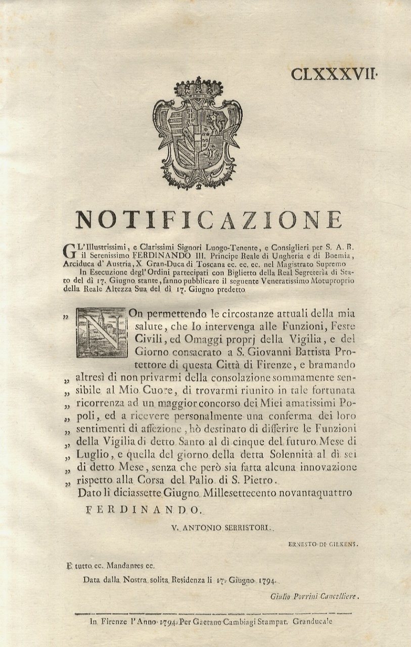 “Notificazione”. Ferdinando III. Principe Reale di Ungheria e di Boemia, …