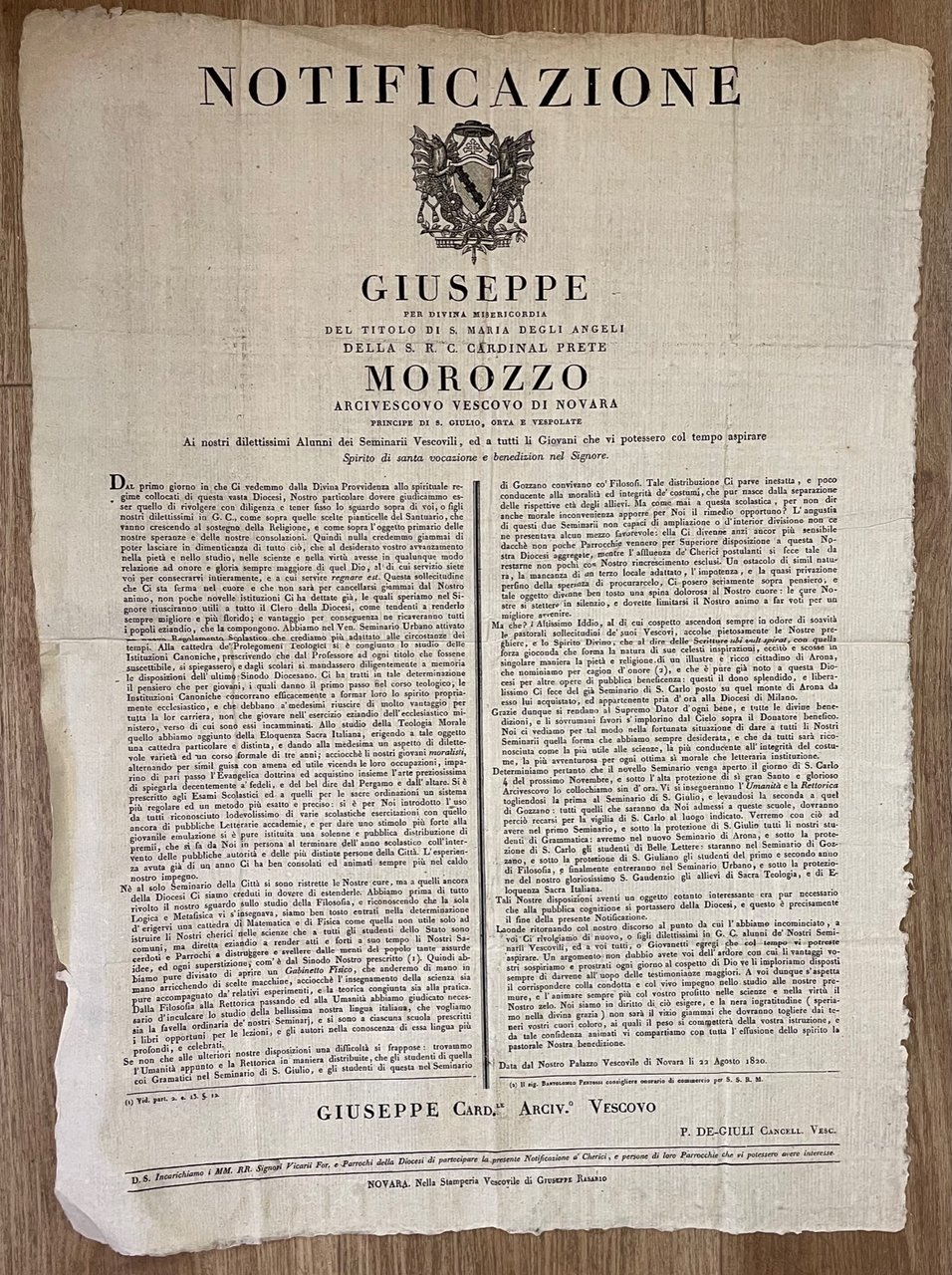 Notificazione. Giuseppe per Divina Misericordia del titolo di S. Maria …