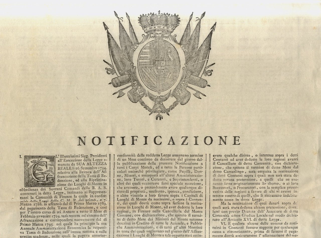 “Notificazione”. Gl'Illustrissimi Signori Presidenti all'Esecuzione della Legge emanata da S.A.R. …