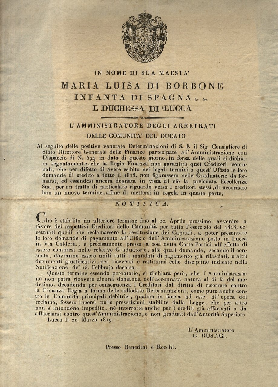 “Notificazione”. In nome di sua Maestà Maria Luisa di Borbone …