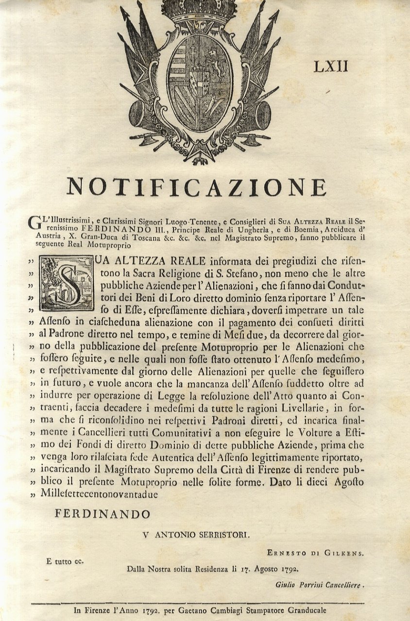 “Notificazione”. S.A.R. Ferdinando III. Principe di Ungheria, e di Boemia, …