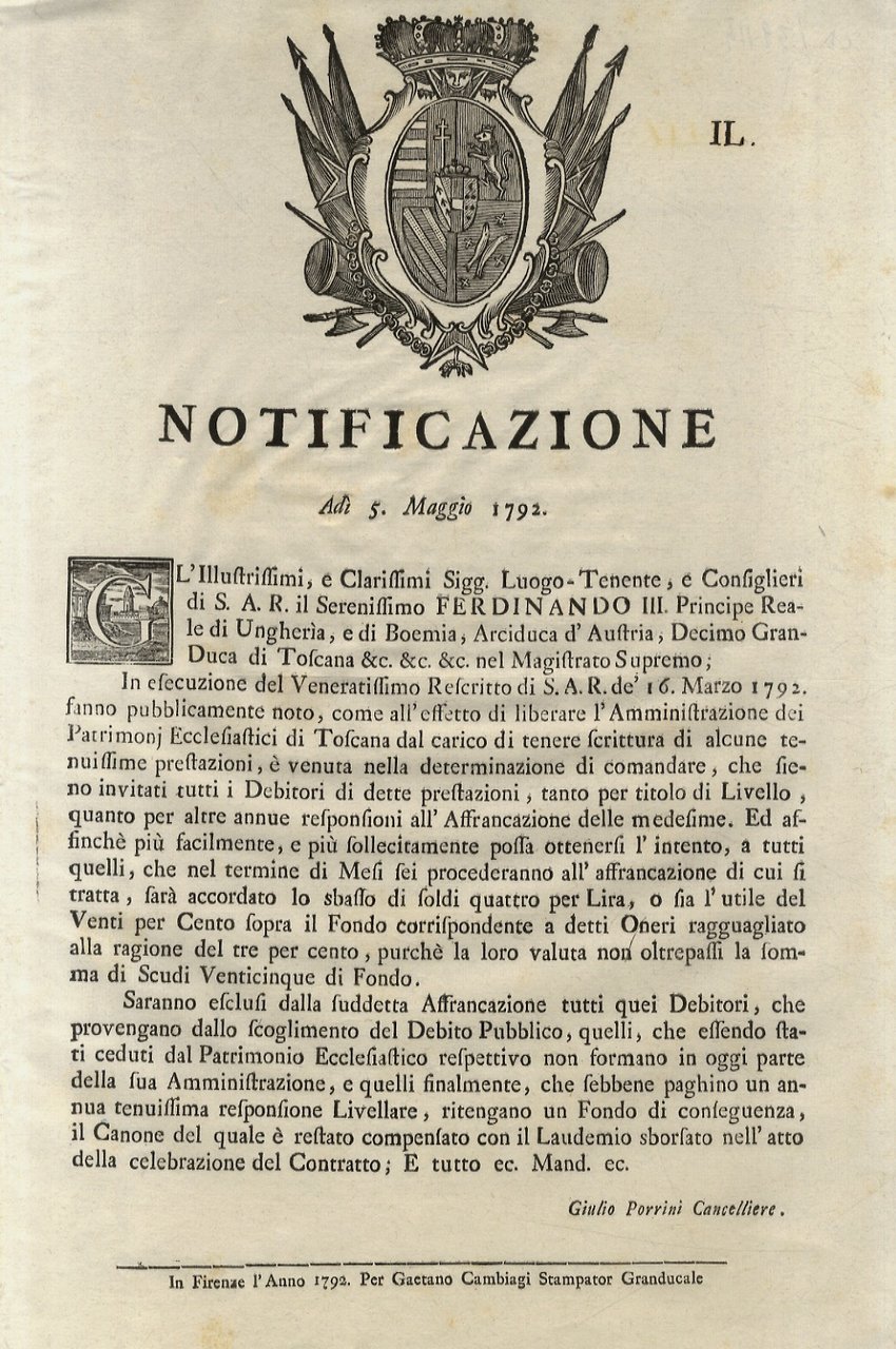 “Notificazione”. S.A.R. Ferdinando III. Principe Reale di Ungheria, e di …