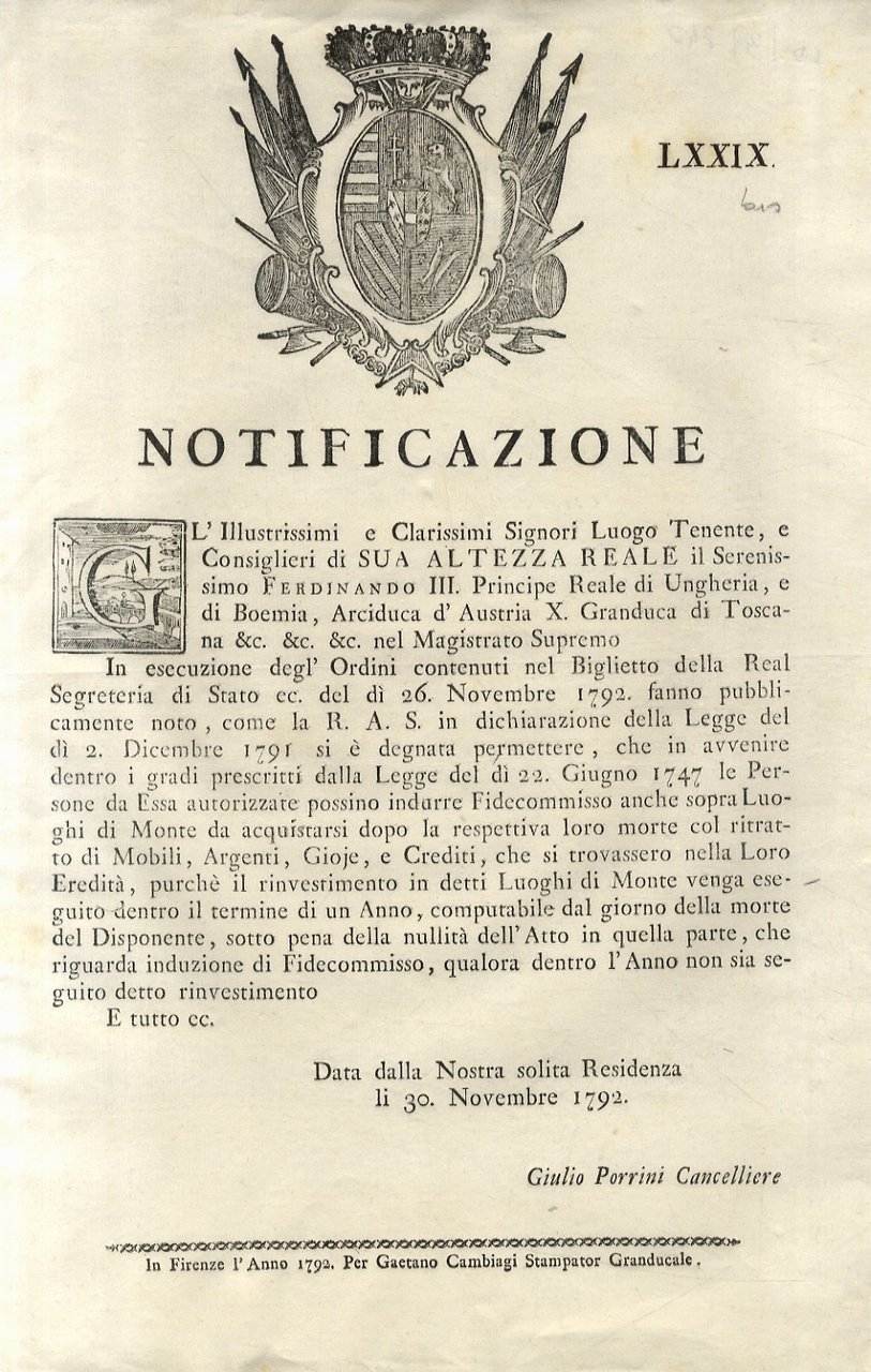 “Notificazione” S.A.R. Ferdinando III. Principe Reale di Ungheria, e di …