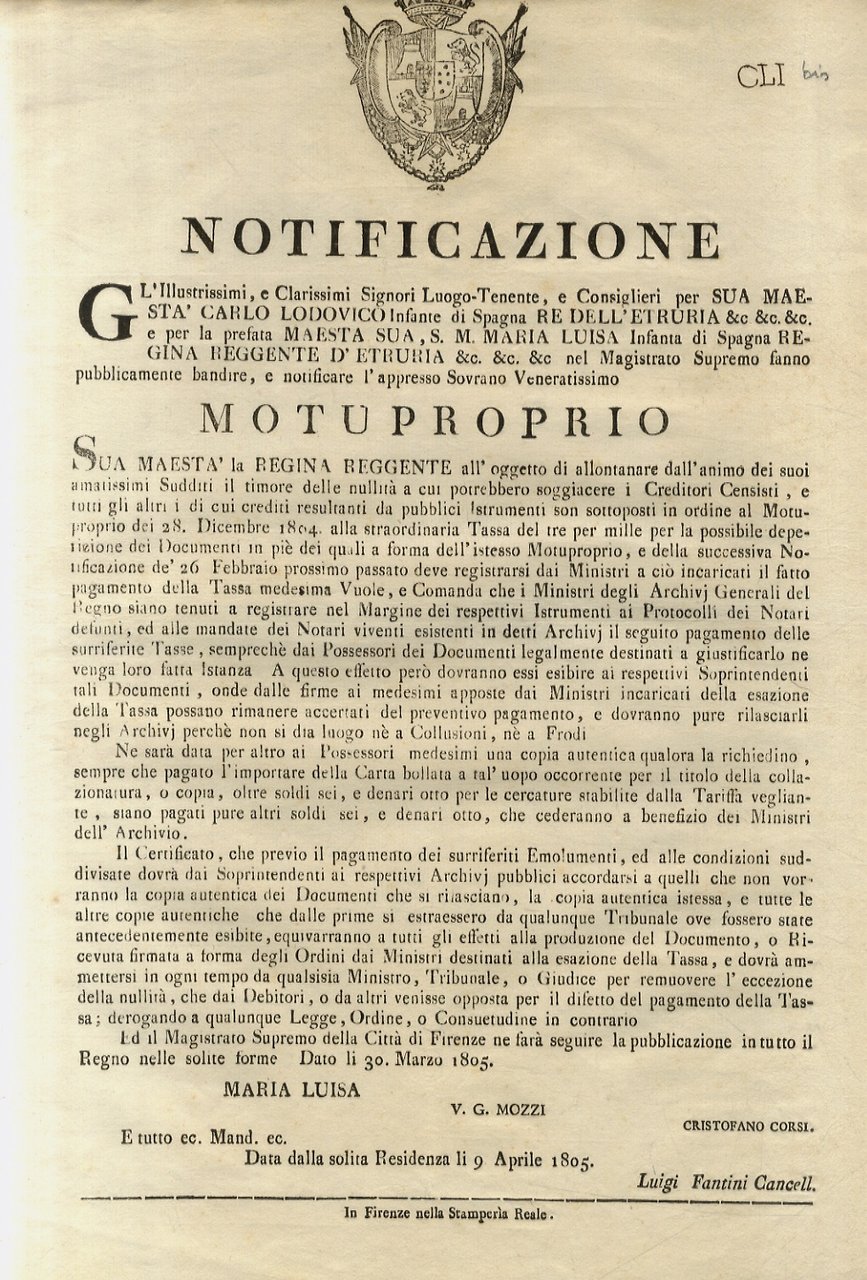 “Notificazione”. S.M. la Regina Reggente all'oggetto di allontanare dall'animo dei …