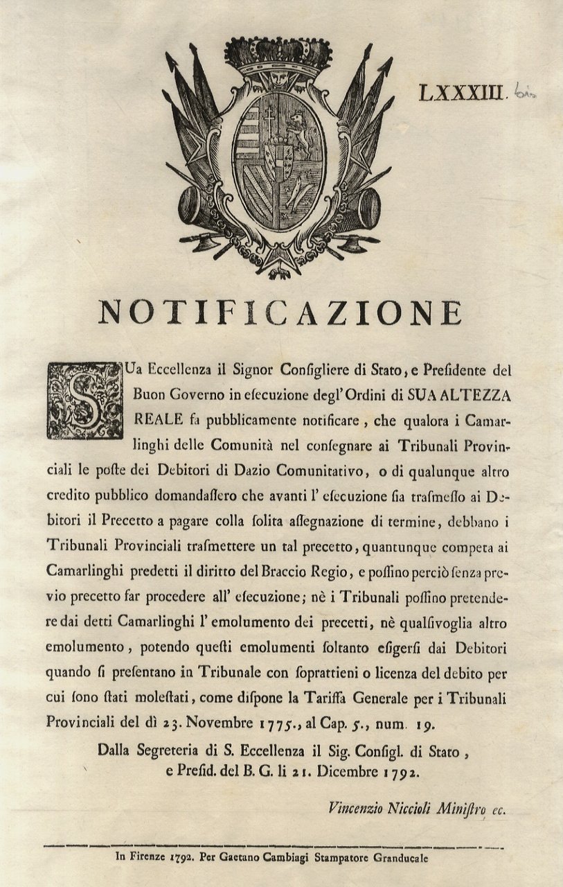 “Notificazione”. Sua Eccellenza il Signor Consigliere di Stato, e Presidente …