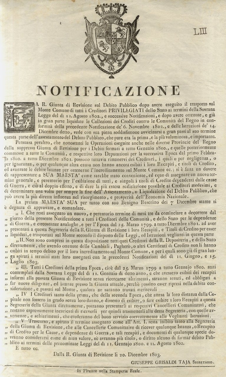 “Notificazione”. Sua Maestà con suo Benigno Rescritto dei 7 Dicembre …
