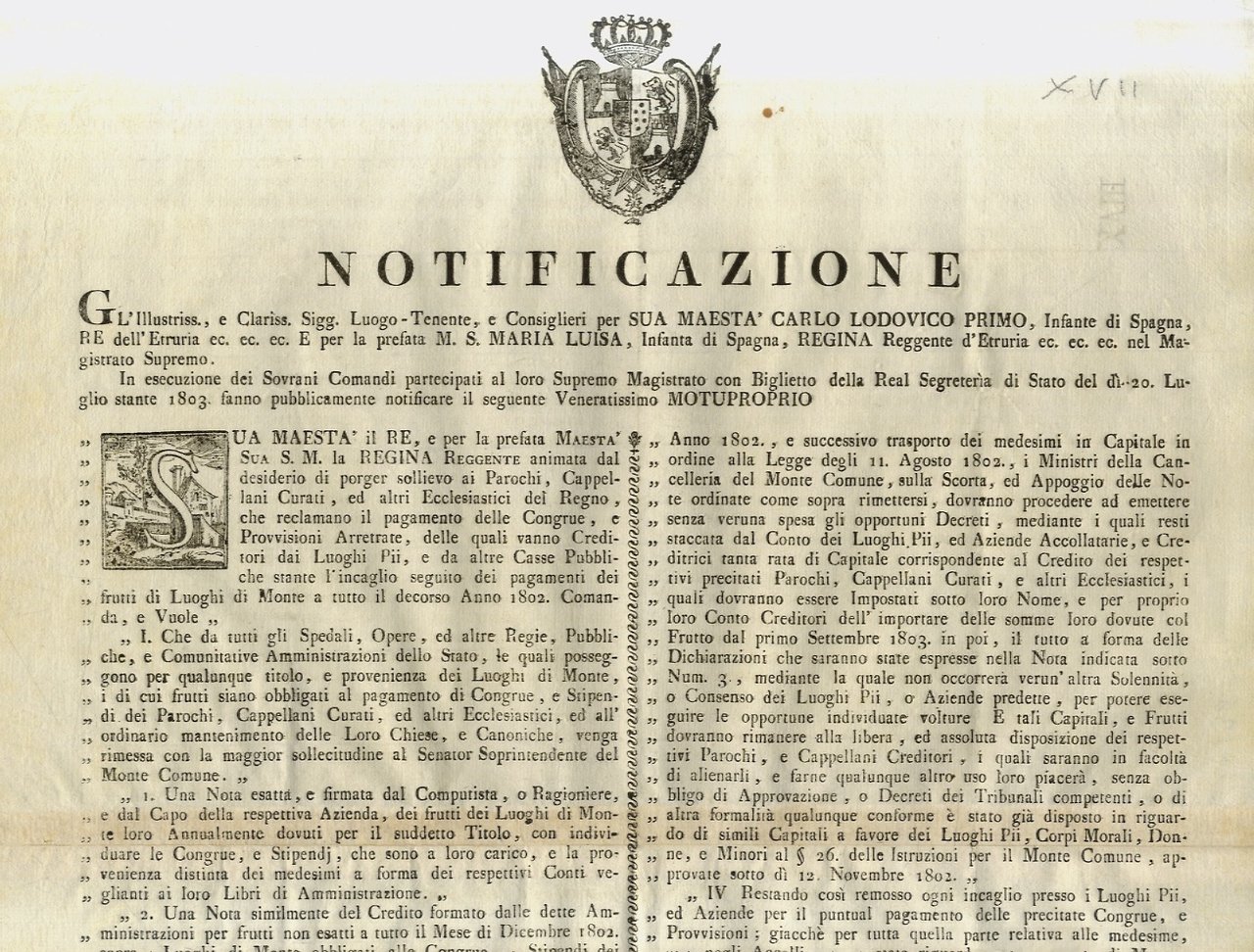 “Notificazione”. Sua Maestà il Re, e per la prefata Maestà …