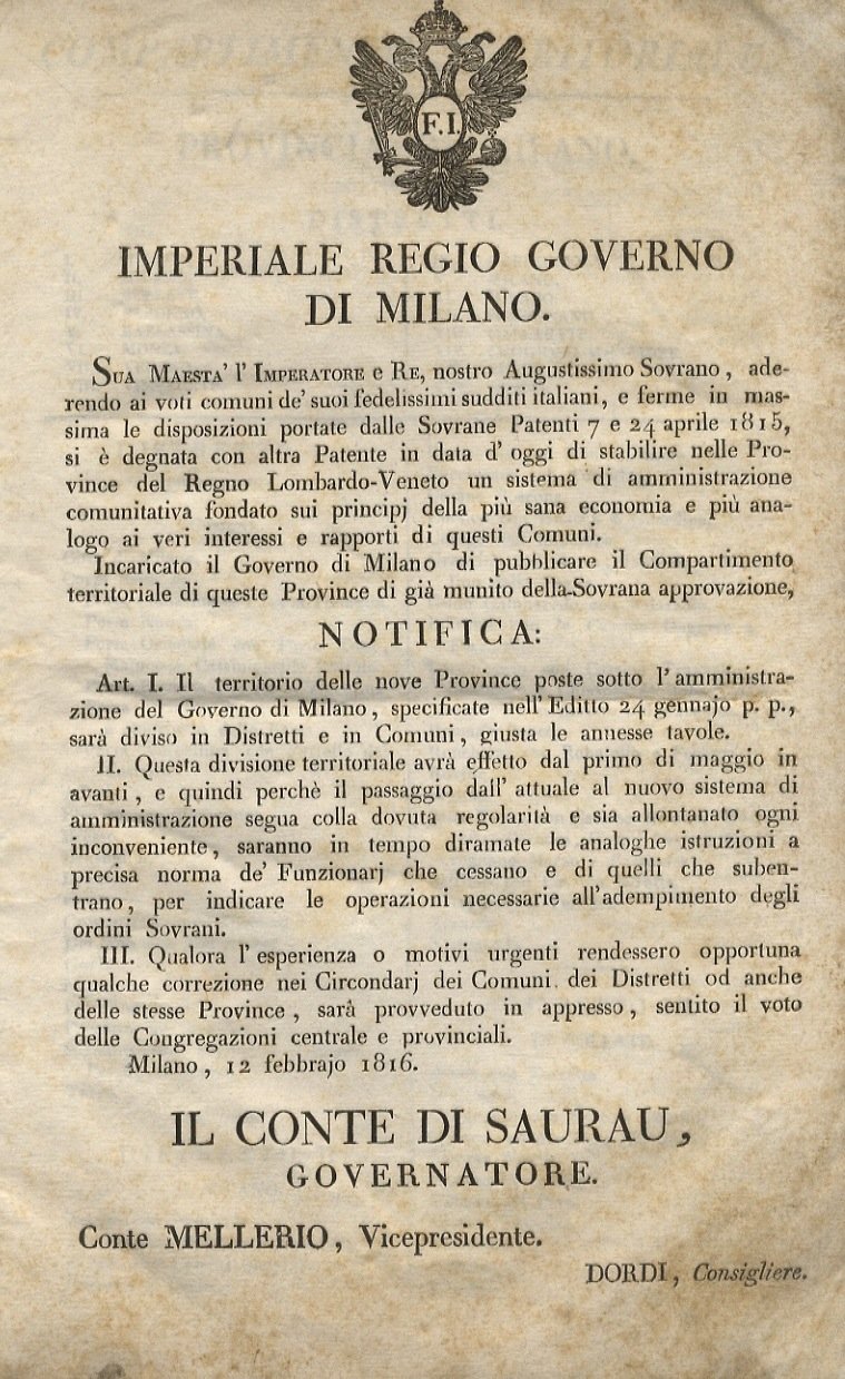 notifiche dell'Imperiale Regio Governo di Milano a cura del Governatore …