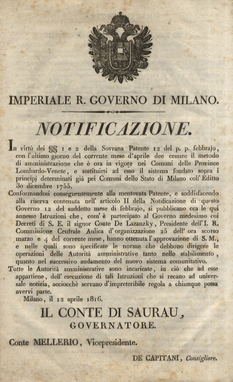 notifiche dell'Imperiale Regio Governo di Milano a cura del Governatore …