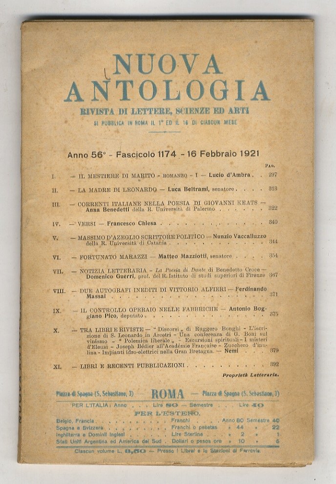 NUOVA Antologia. Rivista di lettere, scienze ed arti. Anno 56°. …