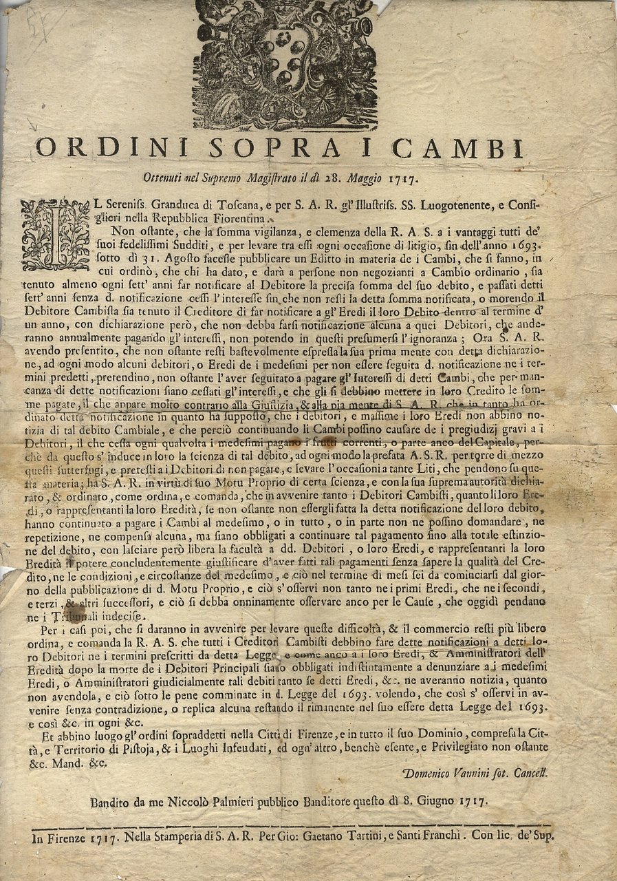 ORDINI sopra i cambi ottenuti nel Supremo Magistrato il dì …