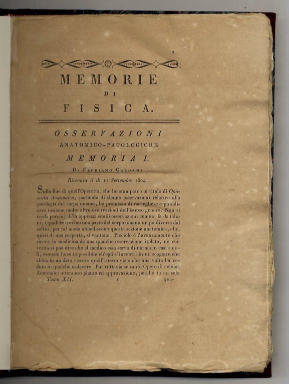 Osservazioni anatomico-patologiche [.] [Legato con:] MASCAGNI Paolo. Istoria di una gravidanza extrauterina che si ritrovò nel cadavere di Caterina Piccardi morta allo spedale di S. Maria Nuova di Firenze il 12 maggio 1806. [Legato con:] GIOVENE Giuseppe Maria. Notizie geologiche e metereologiche della Japigia ossia Provincia di Terra d'Otranto. [Legato con:] MORICHINI Domenico. Sopra la gomma di ulivo, memoria. [Legato con:] MASCAGNI Paolo. Sopra un feto nato nel comune di Pelago [.]. Legato con: FABBRONI Giovanni. Del trascegliere dalla sostanze eterogenee e d'oro mediante l'amalgamazione [.].