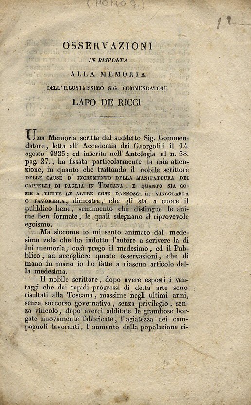 Osservazioni in risposta alla memoria dell'ilustrissimo sig. commendatore Lapo De …