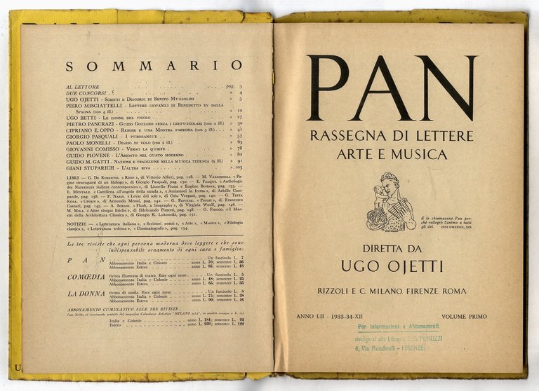 Pan. Rassegna di lettere arte e musica. Diretta da Ugo …