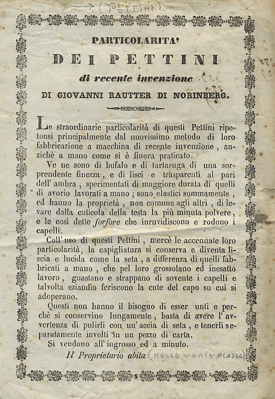 Particolarità dei pettini di recente invenzione, di Giovanni Rautter di …