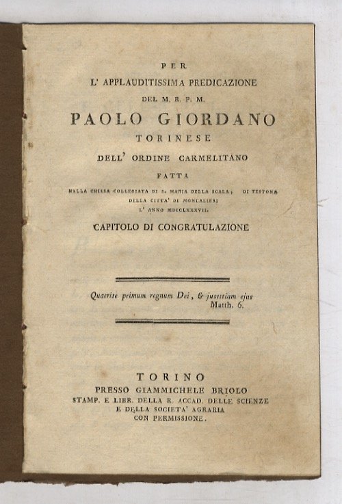 PER l'applauditissima predicazione del m.r.p.m. Paolo Giordano torinese dell'Ordine carmelitano, …