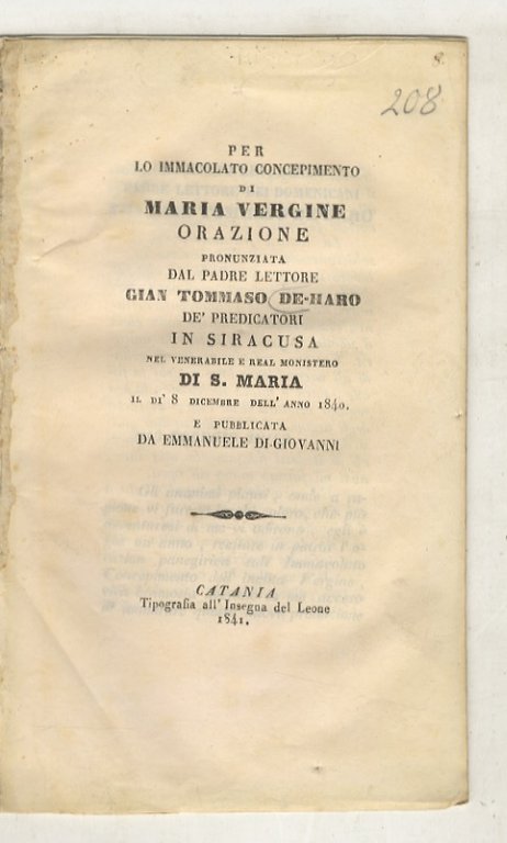 Per lo Immacolato Concepimento di Maria Vergine. Orazione pronunziata nel …