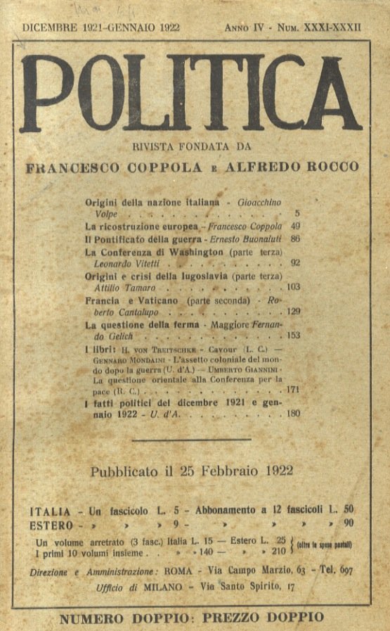POLITICA. Rivista diretta da Francesco Coppola e Alfredo Rocco. Vol. … | Immagine principale