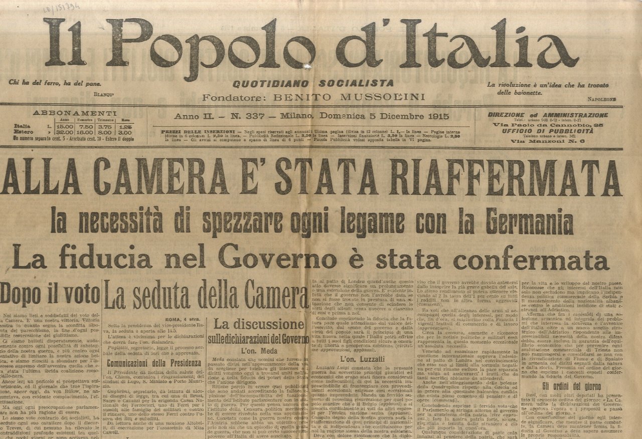 POPOLO (IL) d'Italia. Quotidiano socialista. Fondatore Benito Mussolini. Anno II. …