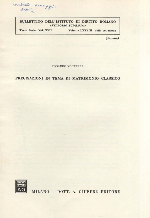 Precisazioni in tema di matrimonio classico. (Unito dello stesso): Sull'unione …