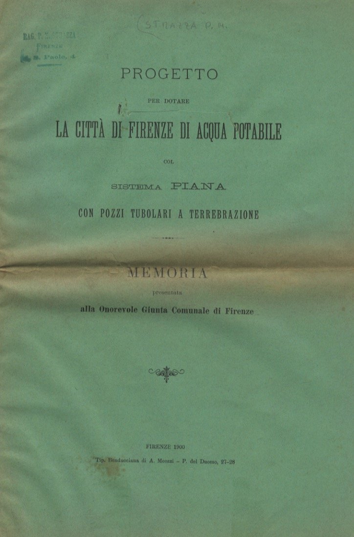 Progetto per dotare le città di Firenze di acqua potabile …