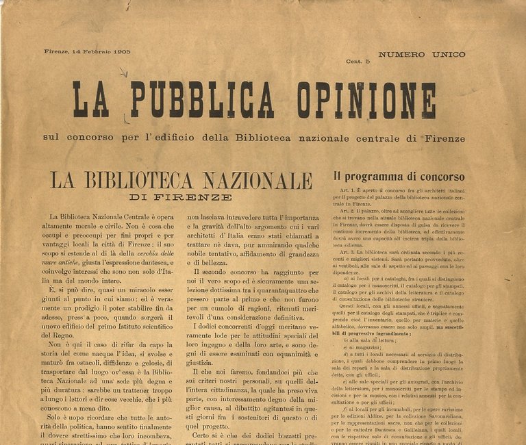 PUBBLICA (LA) Opinione. Sul concorso per l'edificio della Biblioteca Centrale di Firenze. Numero unico.
