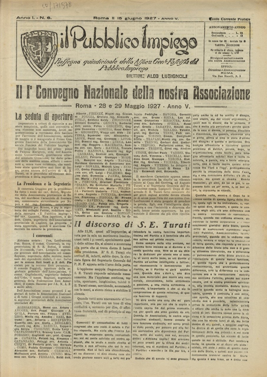 PUBBLICO (IL) Impiego. Rassegna quindicinale della Assoc. Gen.le Fascista del …