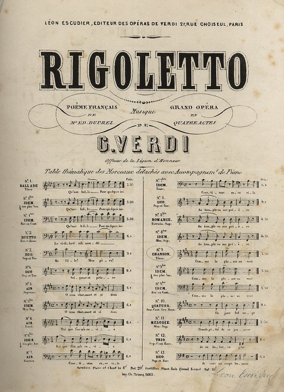 Raccolta di 45 partiture a stampa di autori francesi o europei attivi a Parigi, rappresentativi del genere operistico dominante la scena francese dell'Ottocento: F. E. Auber (La Muette de Portici), G. Meyerbeer (Robert le diable, Le Prophète, L'Africaine, Les Huguenots), G. Rossini (Le Barbier de Seville, Guillaume Tell), G. Verdi (Jérusalem, Rigoletto, Le Trouvère), G. Doninzetti (Lucie de Lamermoor, La Favorite), F. Halévy (Guido et Ginevra, La Juive, La Reine de Chypre, L'Eclair), C. L. Ambroise Thomas (Mignon, Songe d'une Nuit d'Eté), F. Hérold (Le Pré aux Clercs), A. Boieldieu (La Dame Blanche), A. Adam (Le Chalet, Le Roi d'Yvetot), L. Niedermeyer (Le Lac), G. Concone (Le Tasse); ad essi di aggiungono autori del tardo Settecento: A.