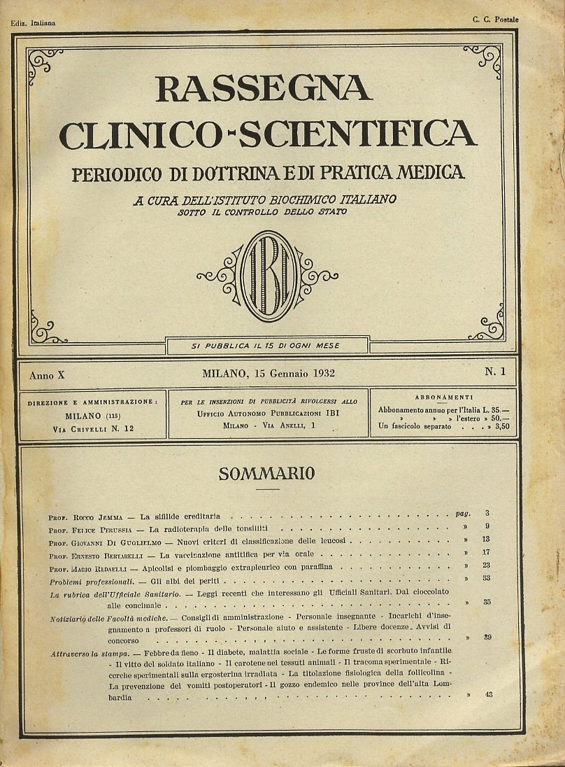Rassegna Clinico-Scientifica dell'Istituto Biochimico Italiano sotto il controllo dello Stato. …