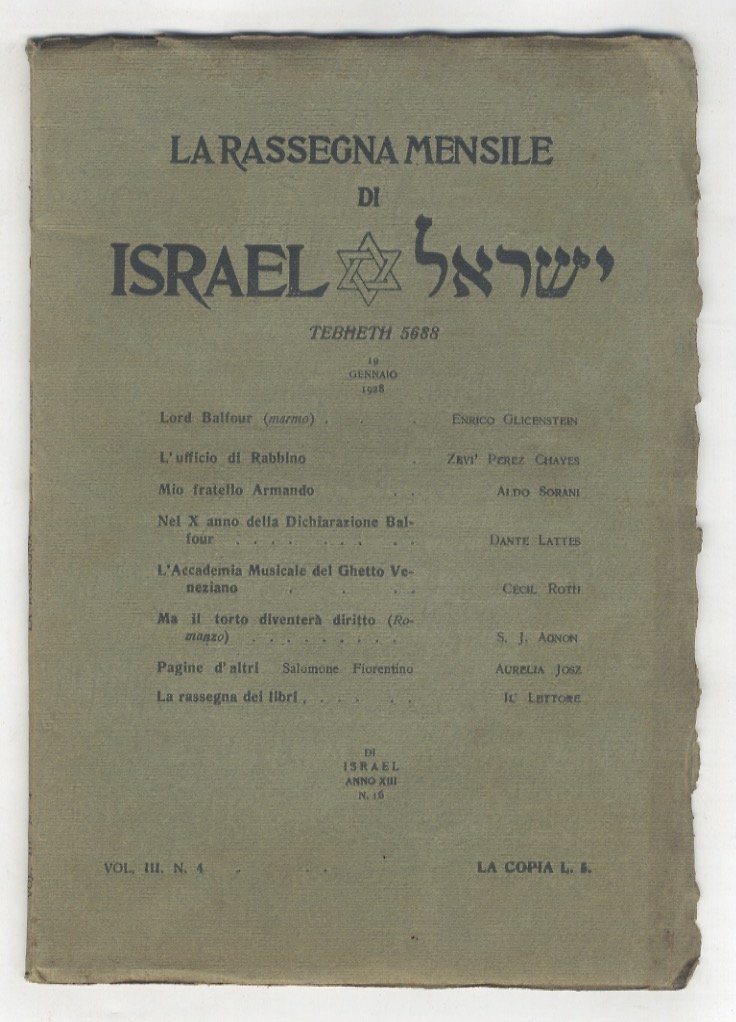 RASSEGNA (LA) mensile di Israel. Vol. III., N. 4. Tebheth …