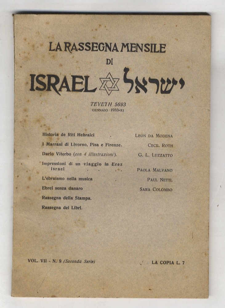 RASSEGNA (LA) mensile di Israel. Vol. VII., N. 9. Teveth …