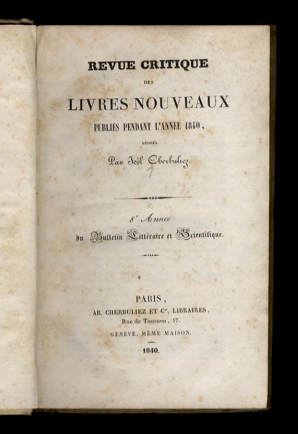 Revue critique des livres nouveaux publiés pendant l'année 1840. 8e …