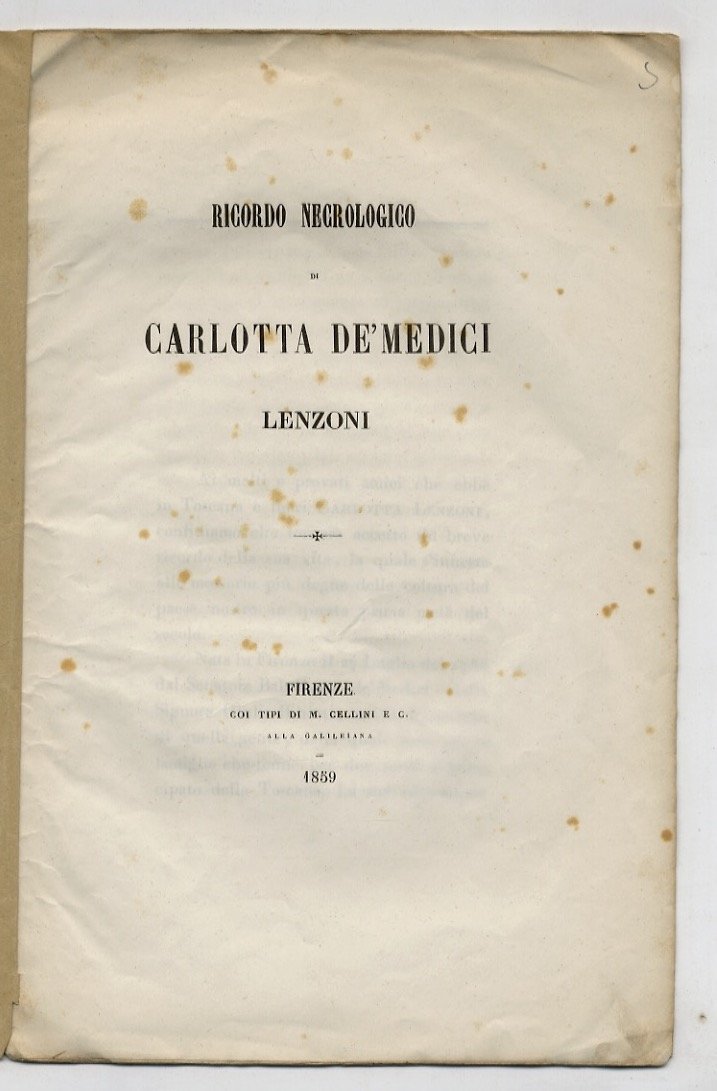 RICORDO necrologico di Carlotta de' Medici Lenzoni. | Immagine principale
