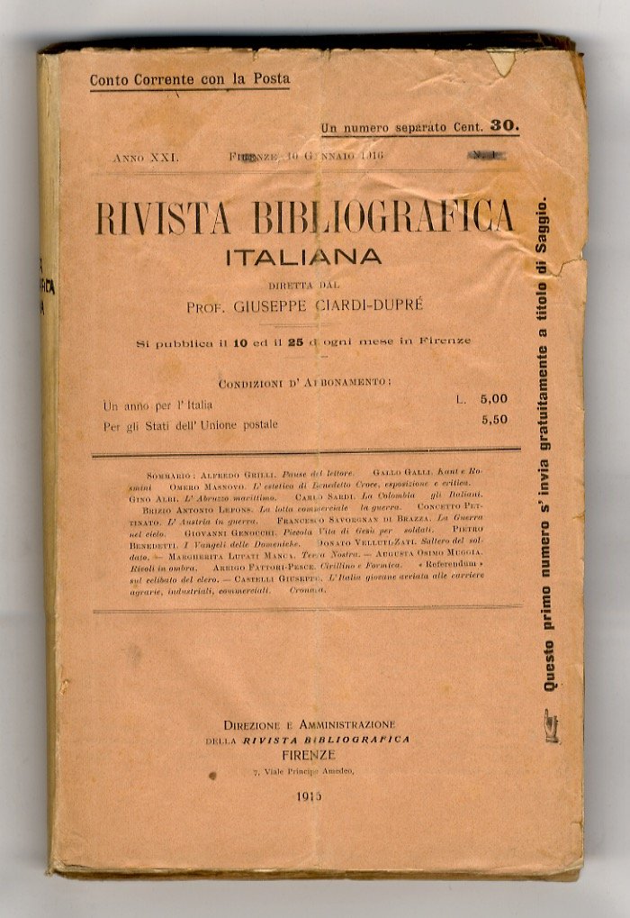 Rivista Bibliografica Italiana diretta dal Prof. G. Ciardi-Dupré. (Bimestrale). Anno …