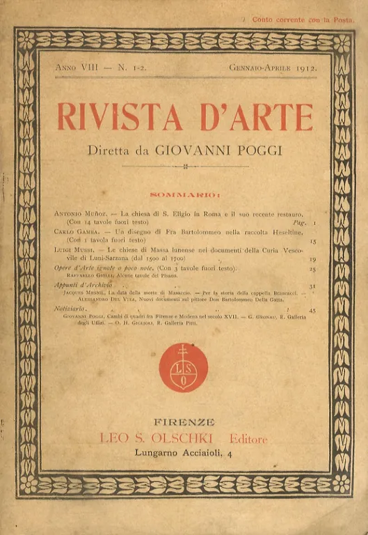 RIVISTA d'arte. Diretta da Giovanni Poggi. Anno VIII. N. 1-2. …