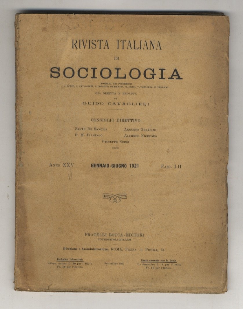 Rivista Italiana di Sociologia. Anno XXV. Fasc. I-II. Gennaio-giugno 1921.
