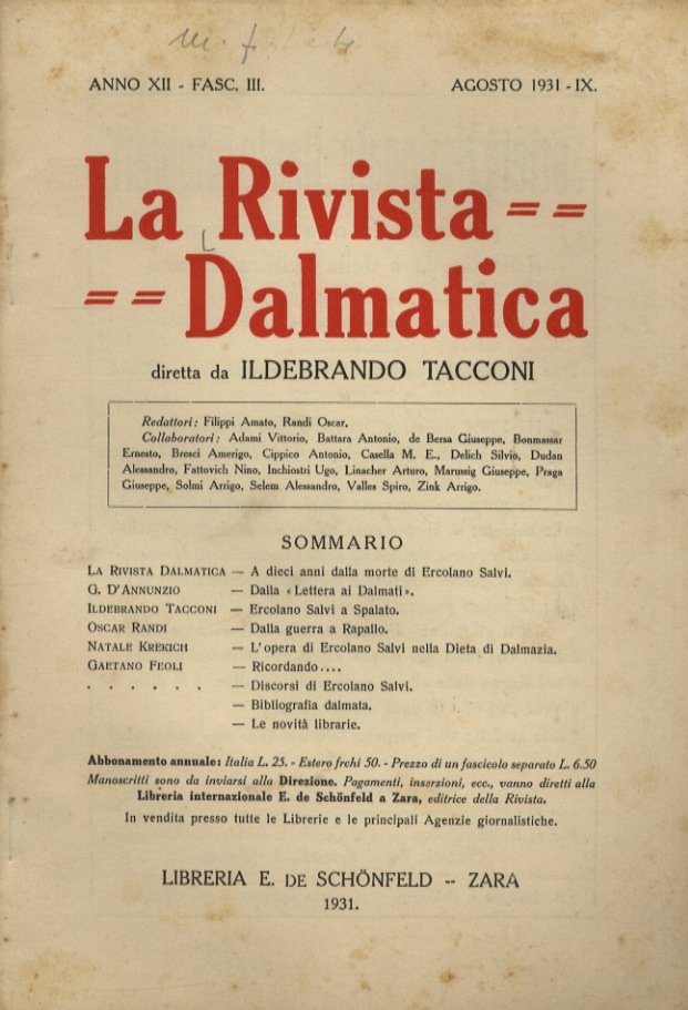 Rivista (La) Dalmatica. Diretta da Ildebrando Tacconi. Anno XII. Fasc. … | Immagine principale