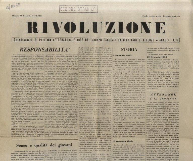 Rivoluzione. Quindicinale di politica, letteratura e arte del Gruppo Fascisti Universitari di Firenze. Anno I. 1940: n. 1