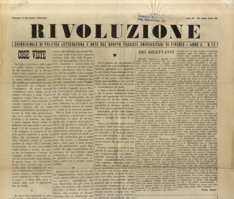 Rivoluzione. Quindicinale di politica, letteratura e arte del Gruppo Fascisti Universitari di Firenze. Anno II. 1940-1941: nn. 1-2, 11, 12, 13, 14, 15-16, 17-18.