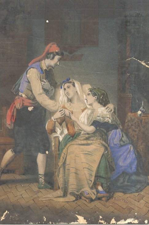 Scena d'interni con tre personaggi abbigliati secondo foggia campana dell'Ottocento: …