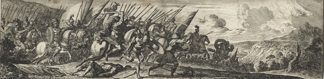 [SCENA di battaglia: la cavalleria d'una legione romana che carica …