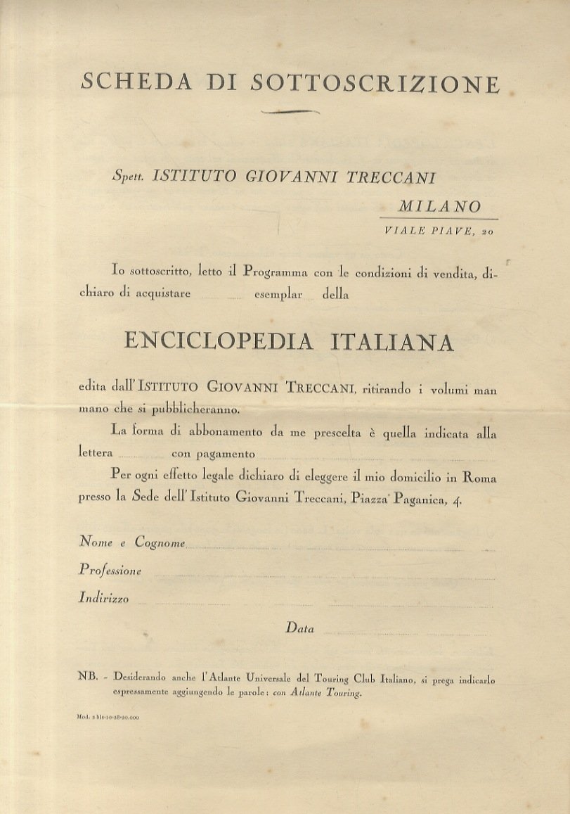Scheda di sottoscrizione per l'abbonamento all'Enciclopedia Italiana edita dall'Istituto Giovanni …