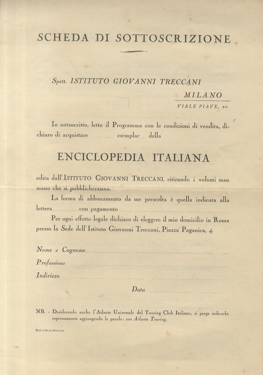 Scheda di sottoscrizione per l'abbonamento all'Enciclopedia Italiana edita dall'Istituto Giovanni Treccani.