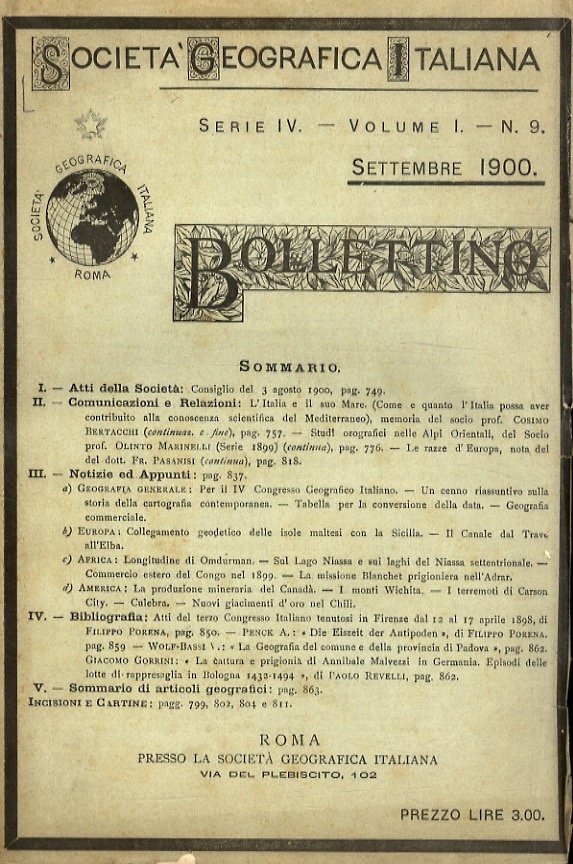 Società Geografica Italiana. Bollettino. Serie IV. Volume I. Num. 9. …