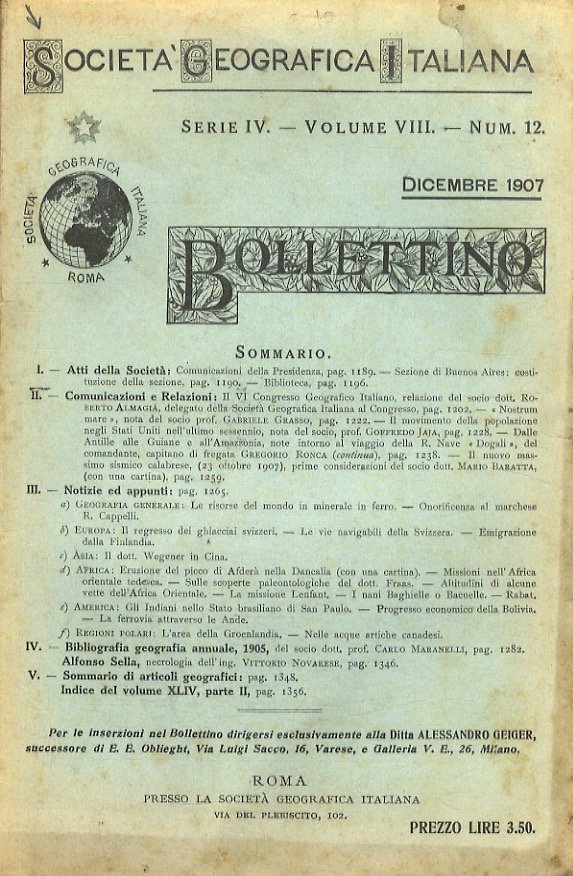 Società Geografica Italiana. Bollettino. Serie IV. Volume VIII. Num. 12. …