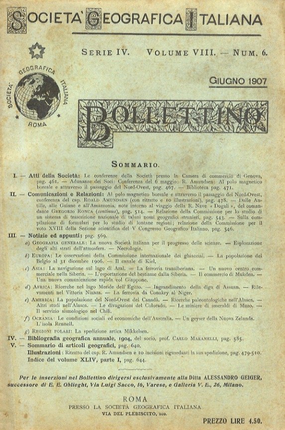 Società Geografica Italiana. Bollettino. Serie IV. Volume VIII. Num. 6. …